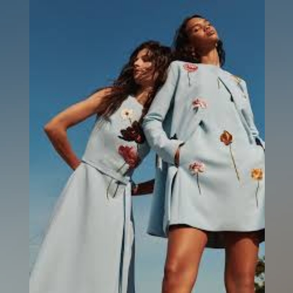 *$2,790 NEW OSCAR DE LA RENTA FLOWER EMBROID LIGHT BLUE WOOL DRESS US XL 16 - Picture 5 of 16